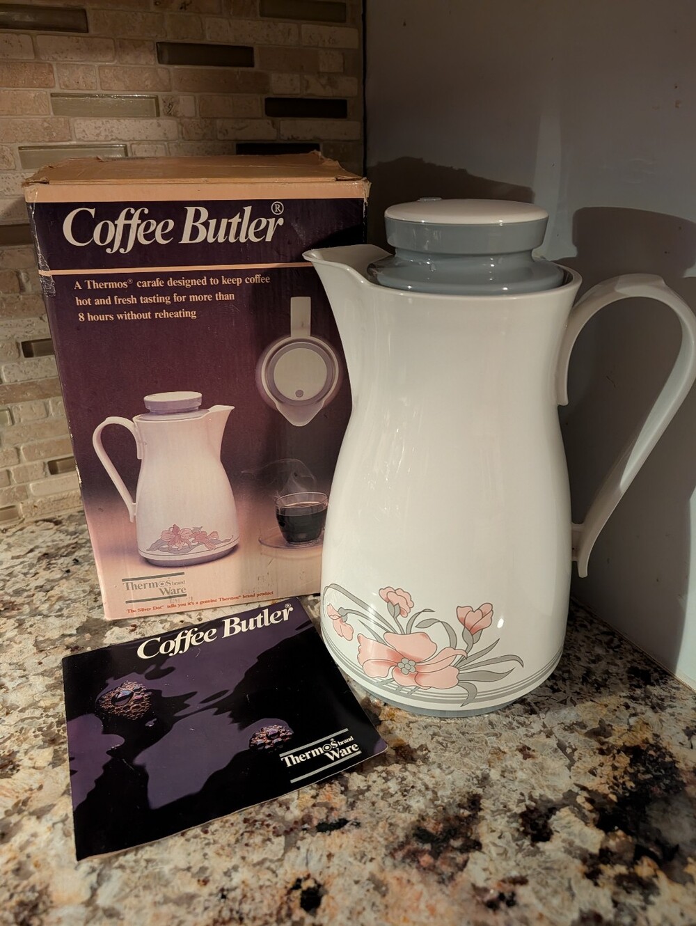 1983 Thermos Coffee Butler Silver Dot Insulated Carafe #820  floral cottage core